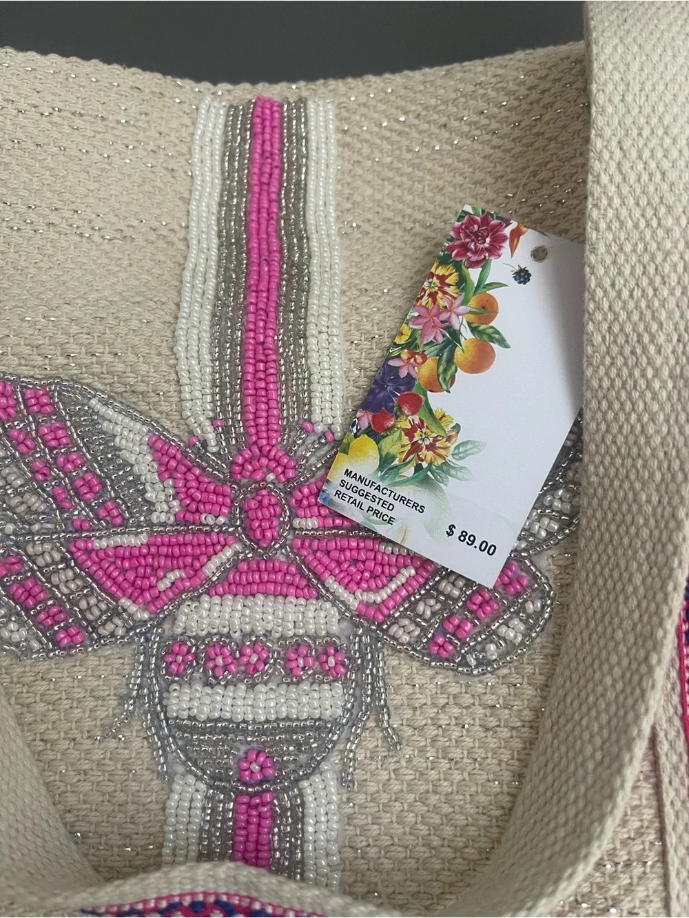 Express Edit Medium Pink Beaded Bee Woven Tote Bag